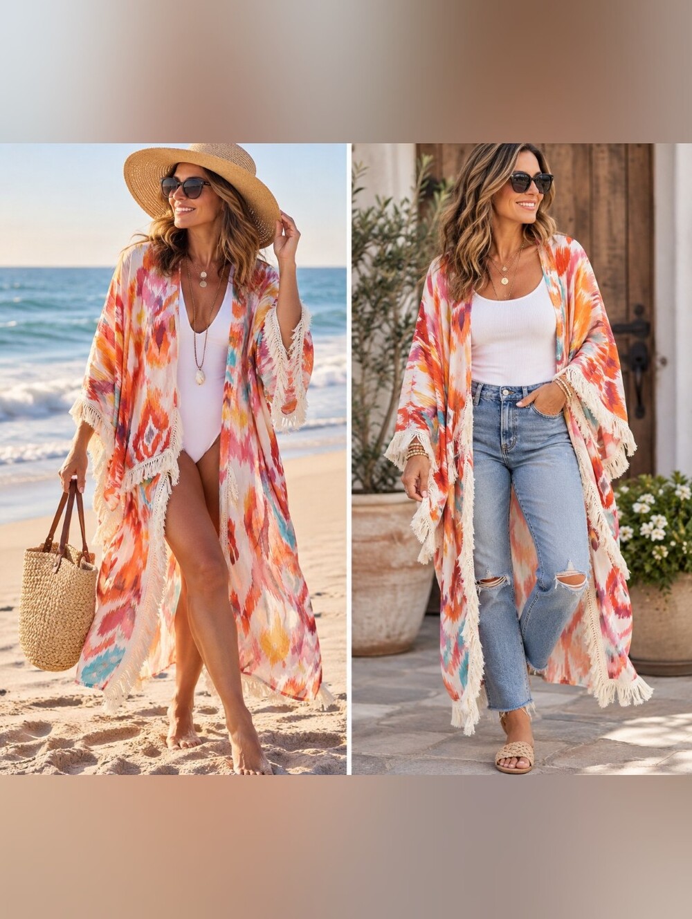 Women's Orange Multi Tie-Dye Fringe Beach Kimono by